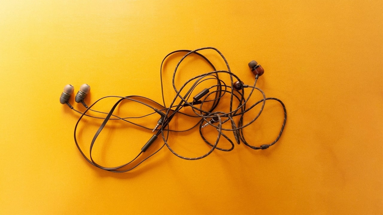 Bunch of tangled earphones