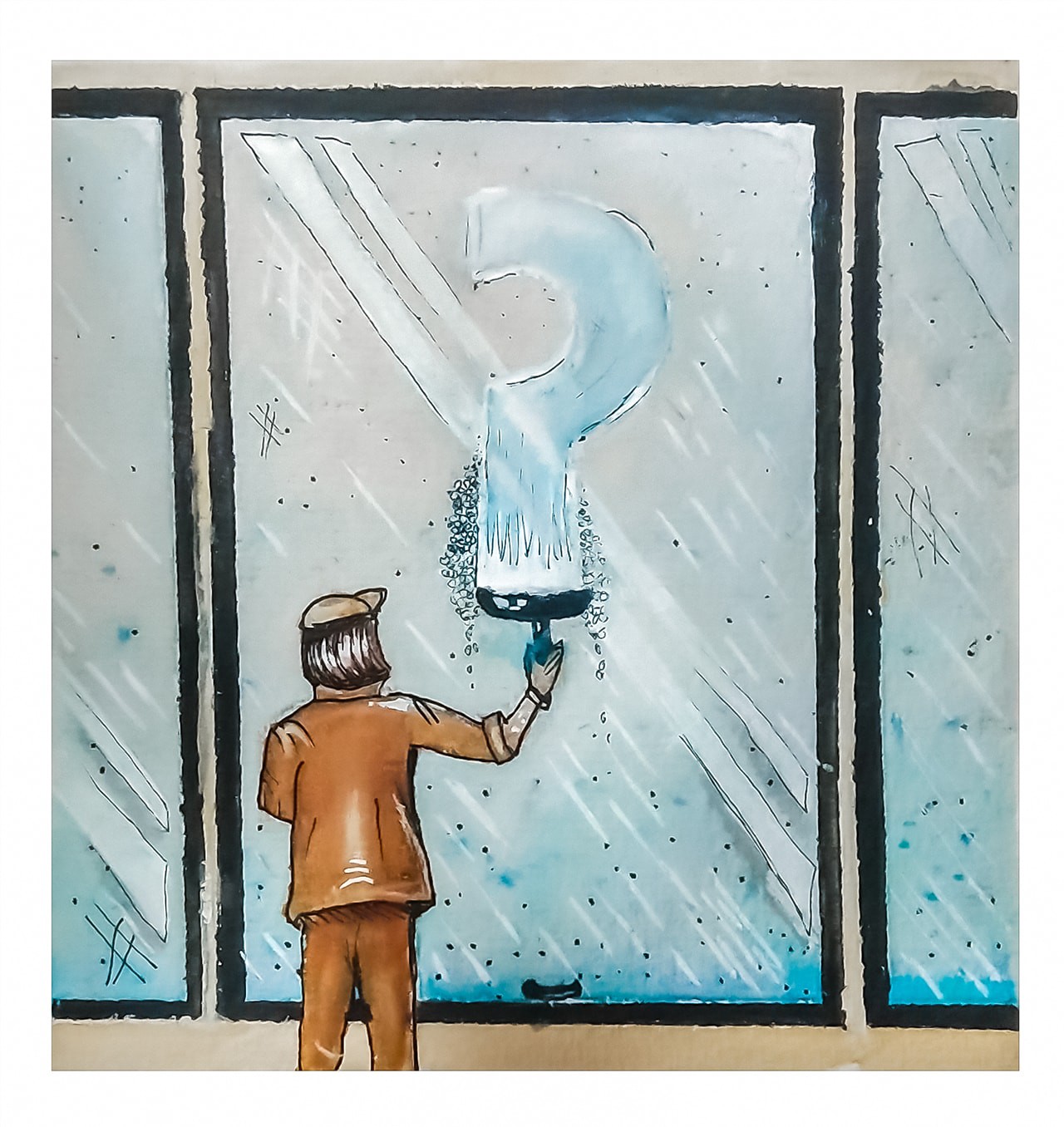 Painting of a person cleaning glass window, in a pattern forming a question mark