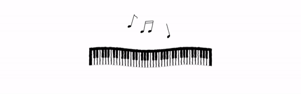 Animation of a tiny piano floating with musical notes around it