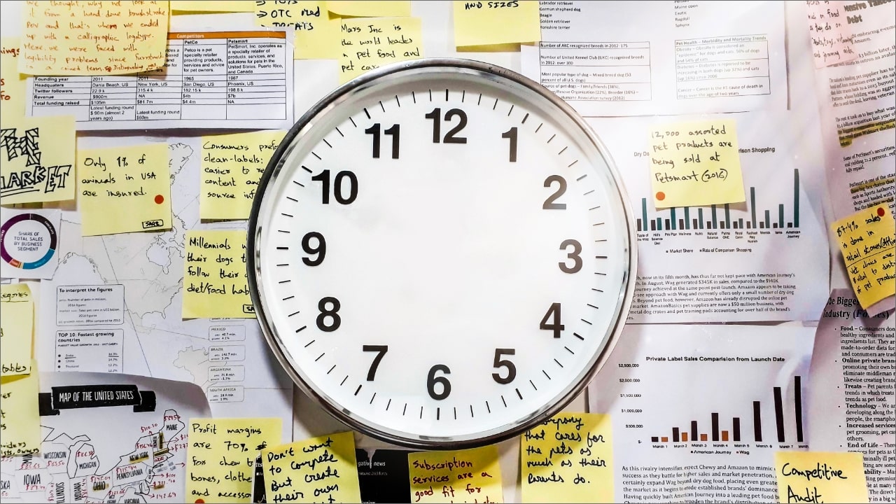 A white wall clock without any time hands, surrounded by post-it notes