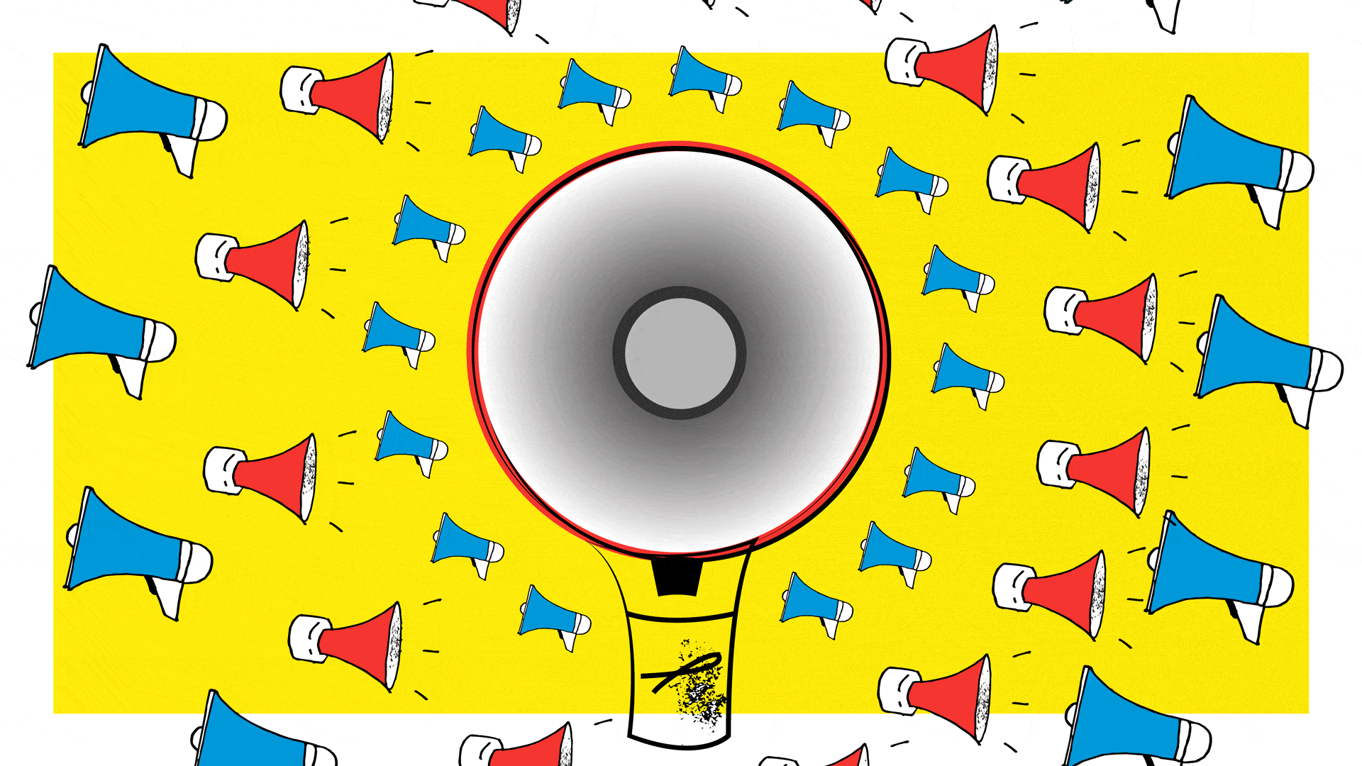 Animated illustration of megaphones changing colors in a circular pattern on a yellow backdrop