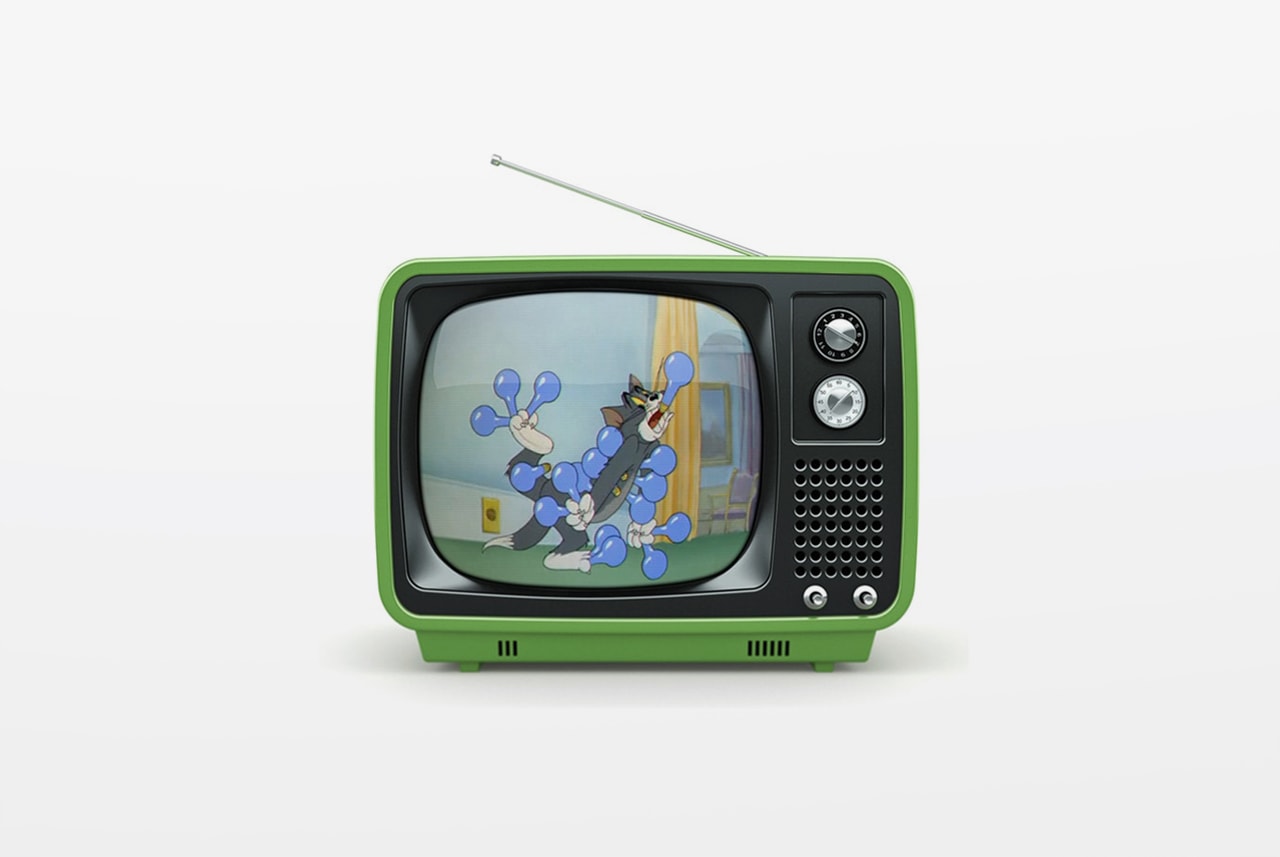 CRT television set showing the cartoon show cat- Tom from Tom & Jerry holding a bunch of blue bulbs