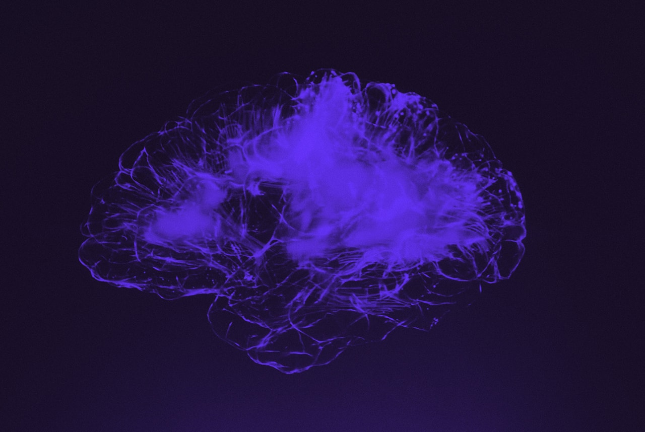 Purple colored art depicting a human brain